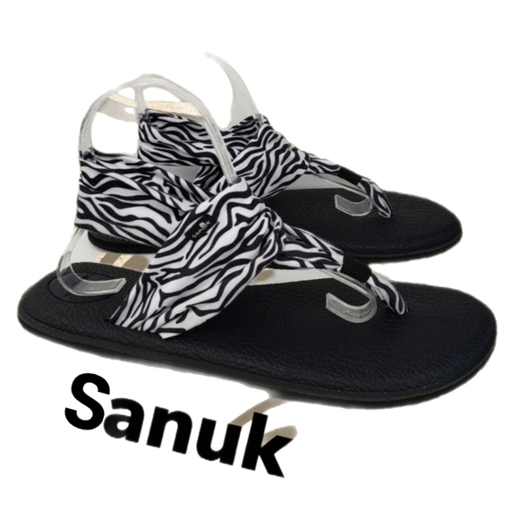 Sanuk Black & White Zebra Print fabric Ella Yoga Flat Sling Sandels Sz 11 - Picture 1 of 10